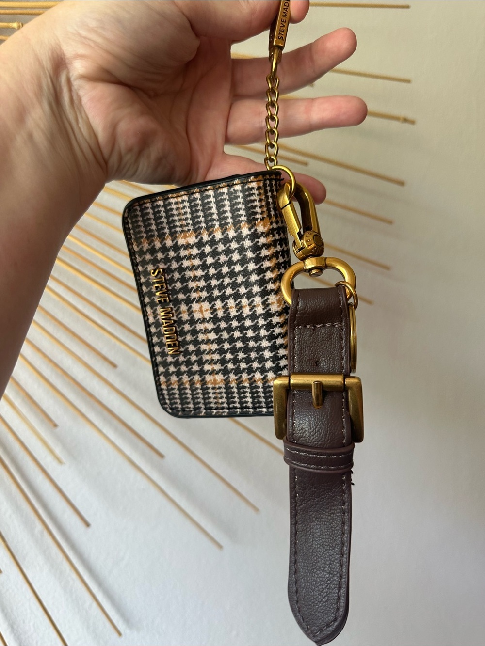Steve Madden Black Houndstooth Card Holder with Faux Leather Brown Strap NWOT - Picture 6 of 6